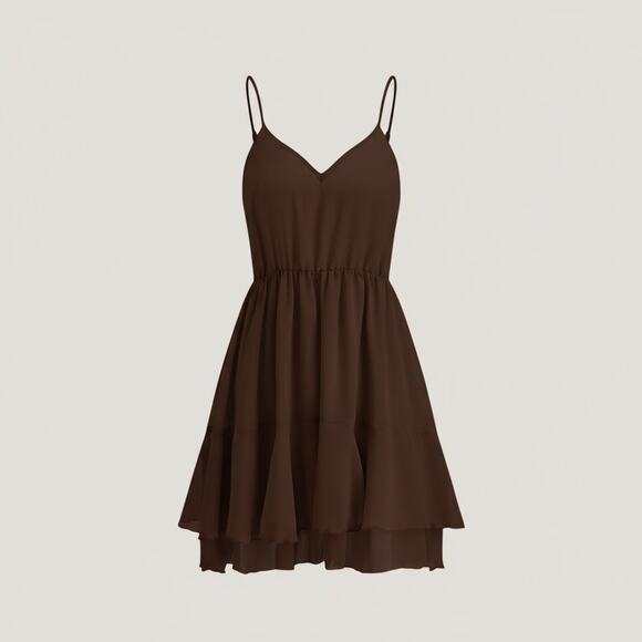 Commense Brown Semi-Sheer Chiffon Ruffle Mini Dress with Cape Overlay – Size XL - Picture 2 of 6